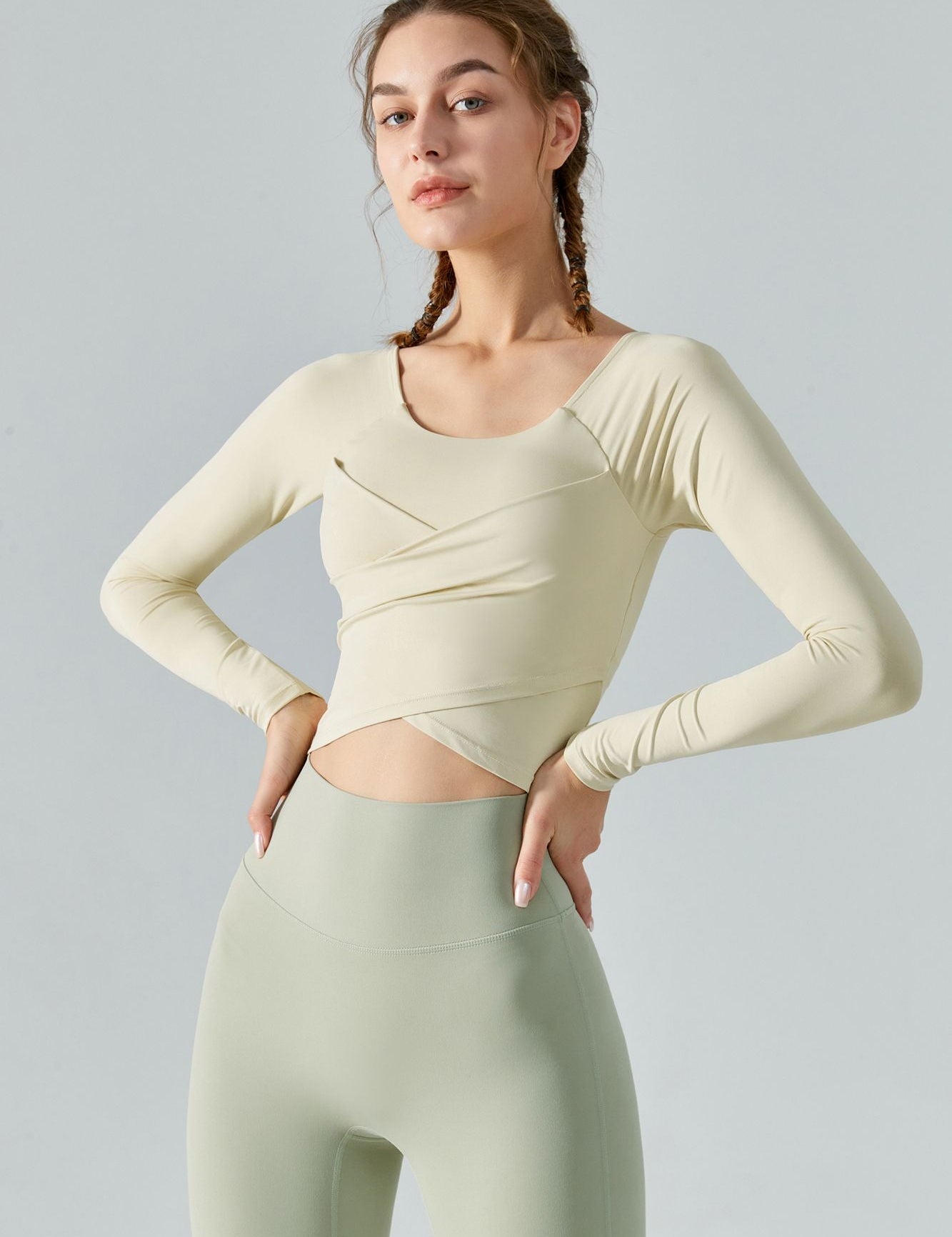 Long Sleeve Front Tie Wrap Detailing Yoga Top by bornfocus