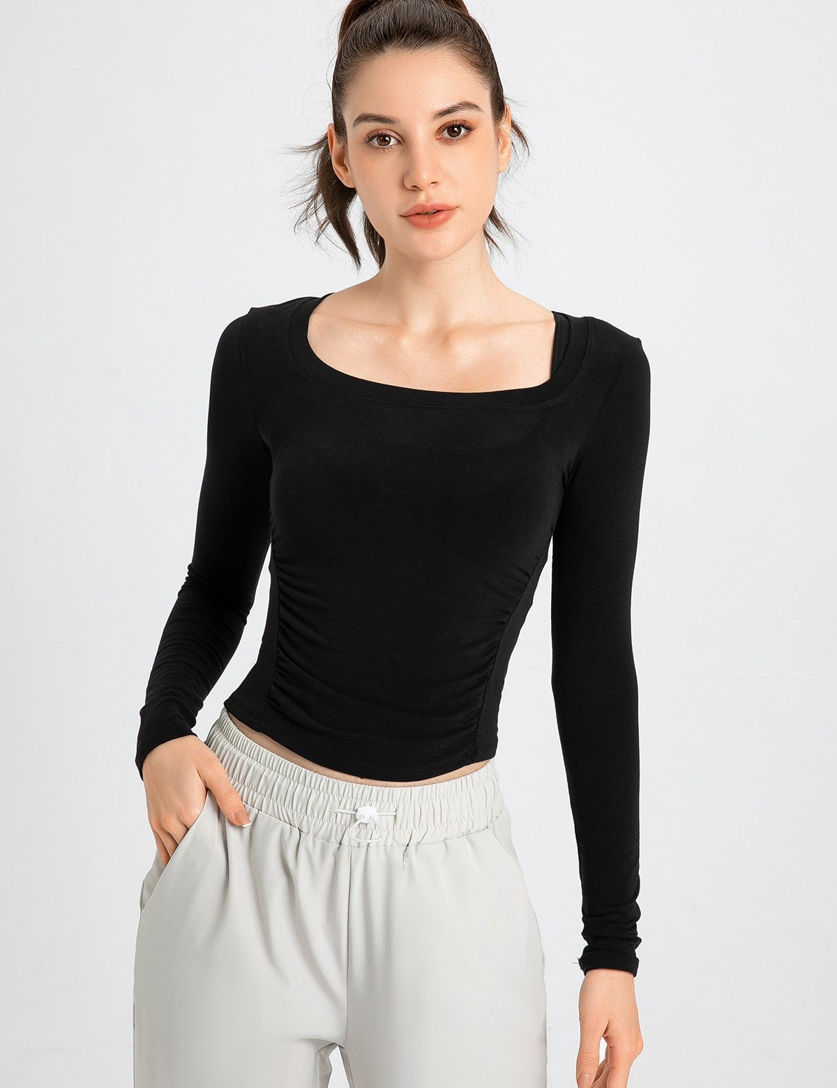 Side Ruched Long Sleeve Crop Top by bornfocus