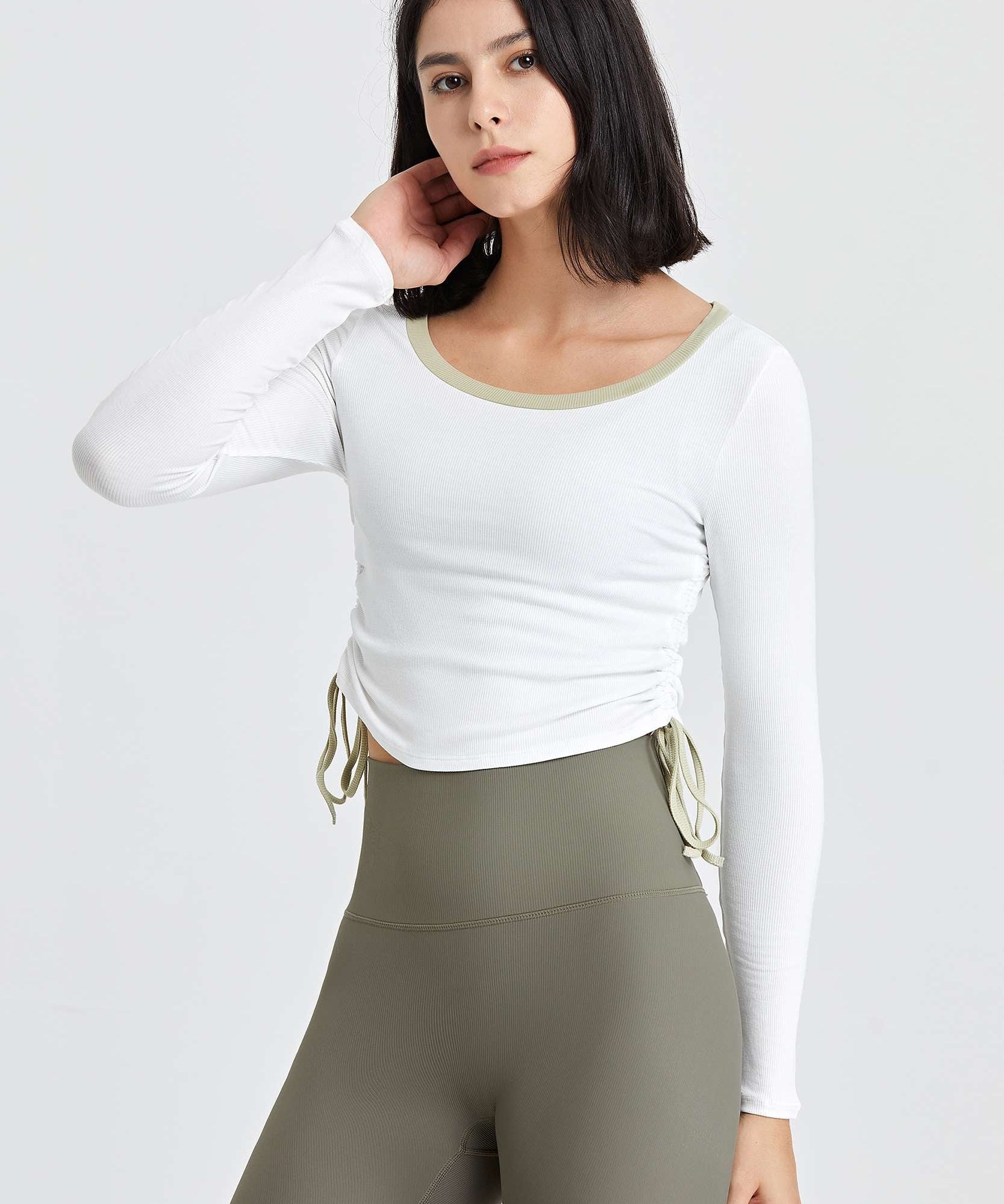 Ribbed Contrast Trim Yoga Crop Top with Drawstring by bornfocus