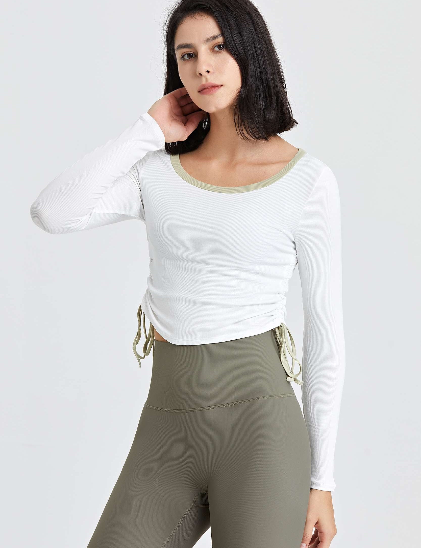 Ribbed Contrast Trim Yoga Crop Top with Drawstring by bornfocus