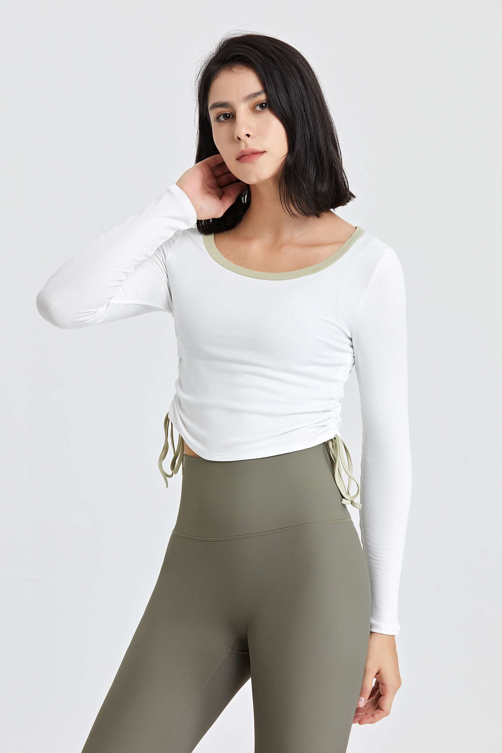 Ribbed Contrast Trim Yoga Crop Top with Drawstring by bornfocus