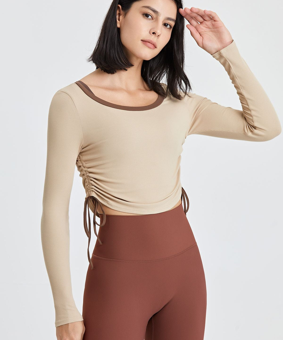 Ribbed Contrast Trim Yoga Crop Top with Drawstring by bornfocus