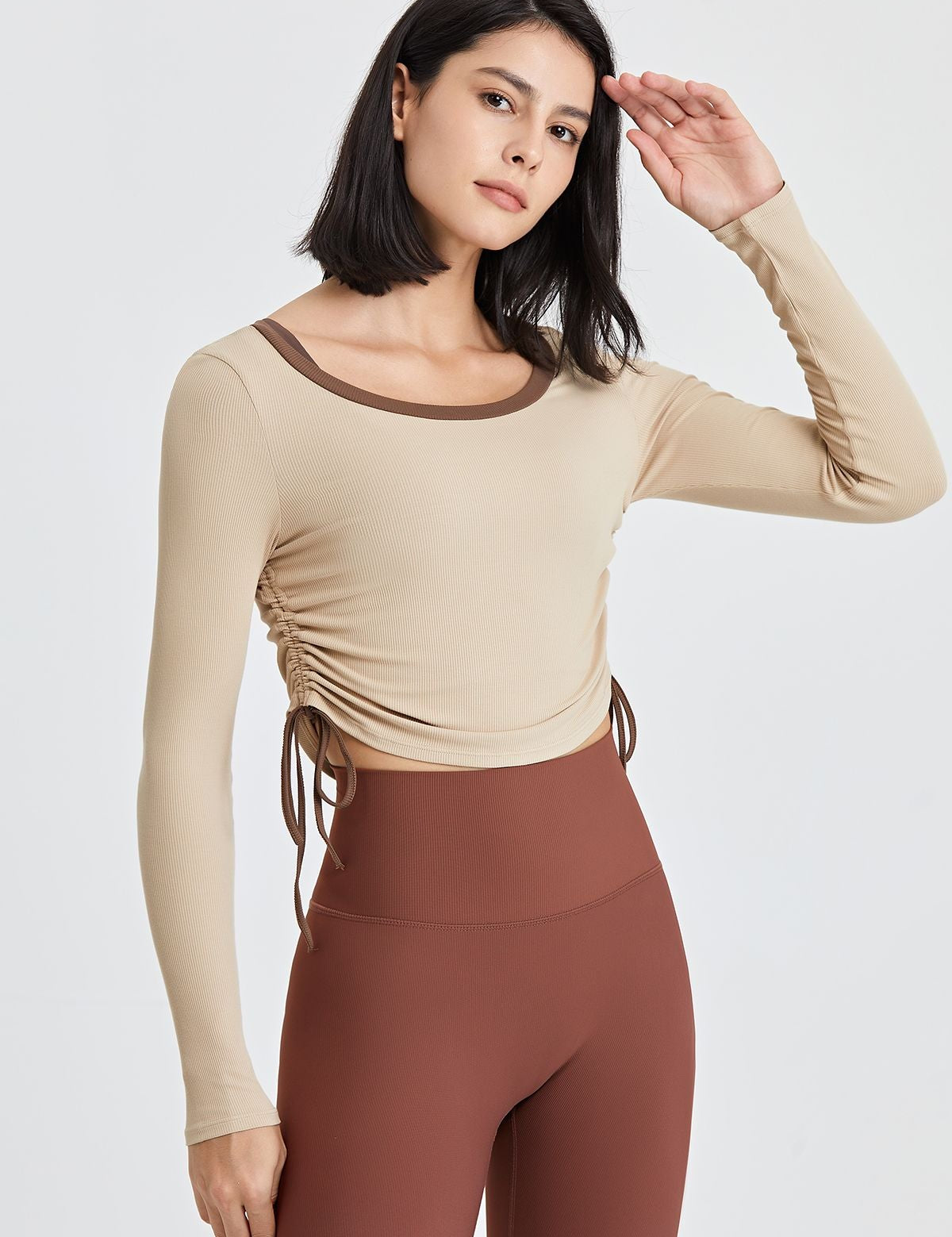 Ribbed Contrast Trim Yoga Crop Top with Drawstring by bornfocus