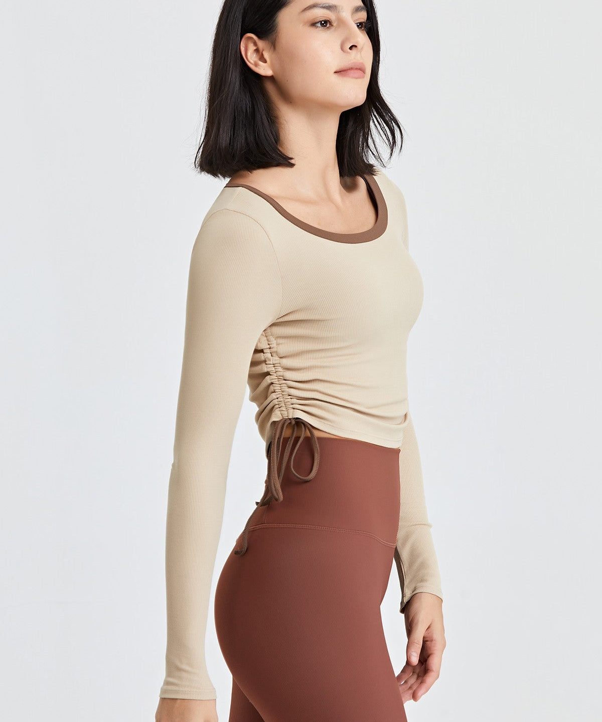 Ribbed Contrast Trim Yoga Crop Top with Drawstring by bornfocus