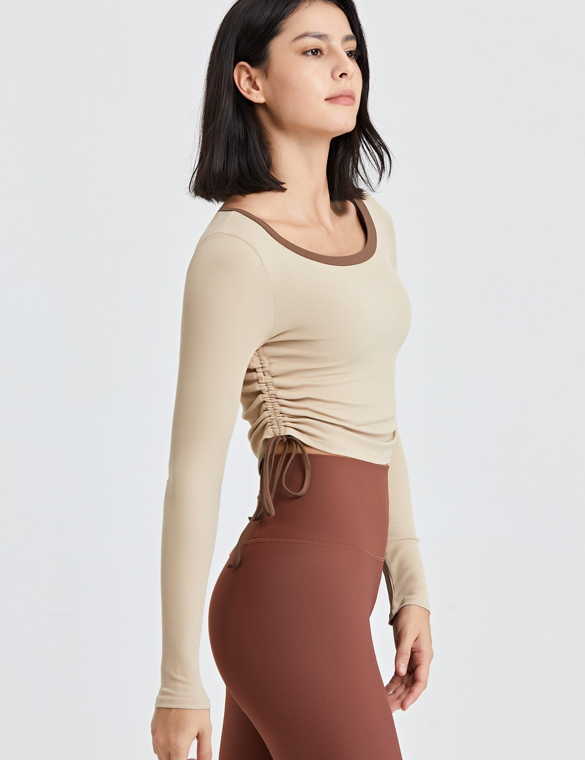 Ribbed Contrast Trim Yoga Crop Top with Drawstring by bornfocus