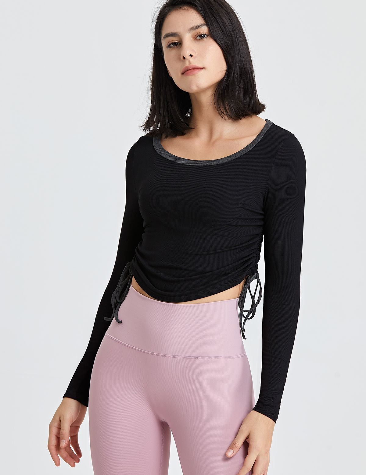 Ribbed Contrast Trim Yoga Crop Top with Drawstring by bornfocus