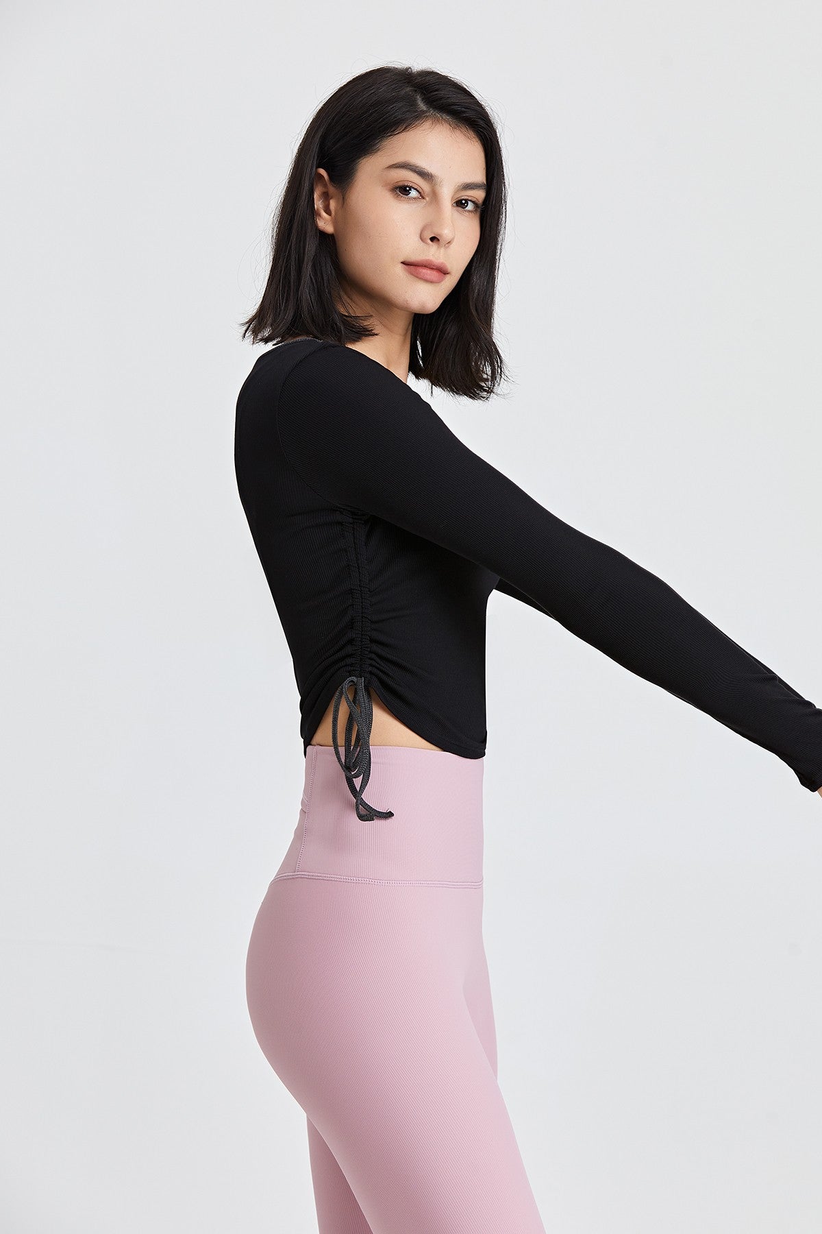 Ribbed Contrast Trim Yoga Crop Top with Drawstring by bornfocus