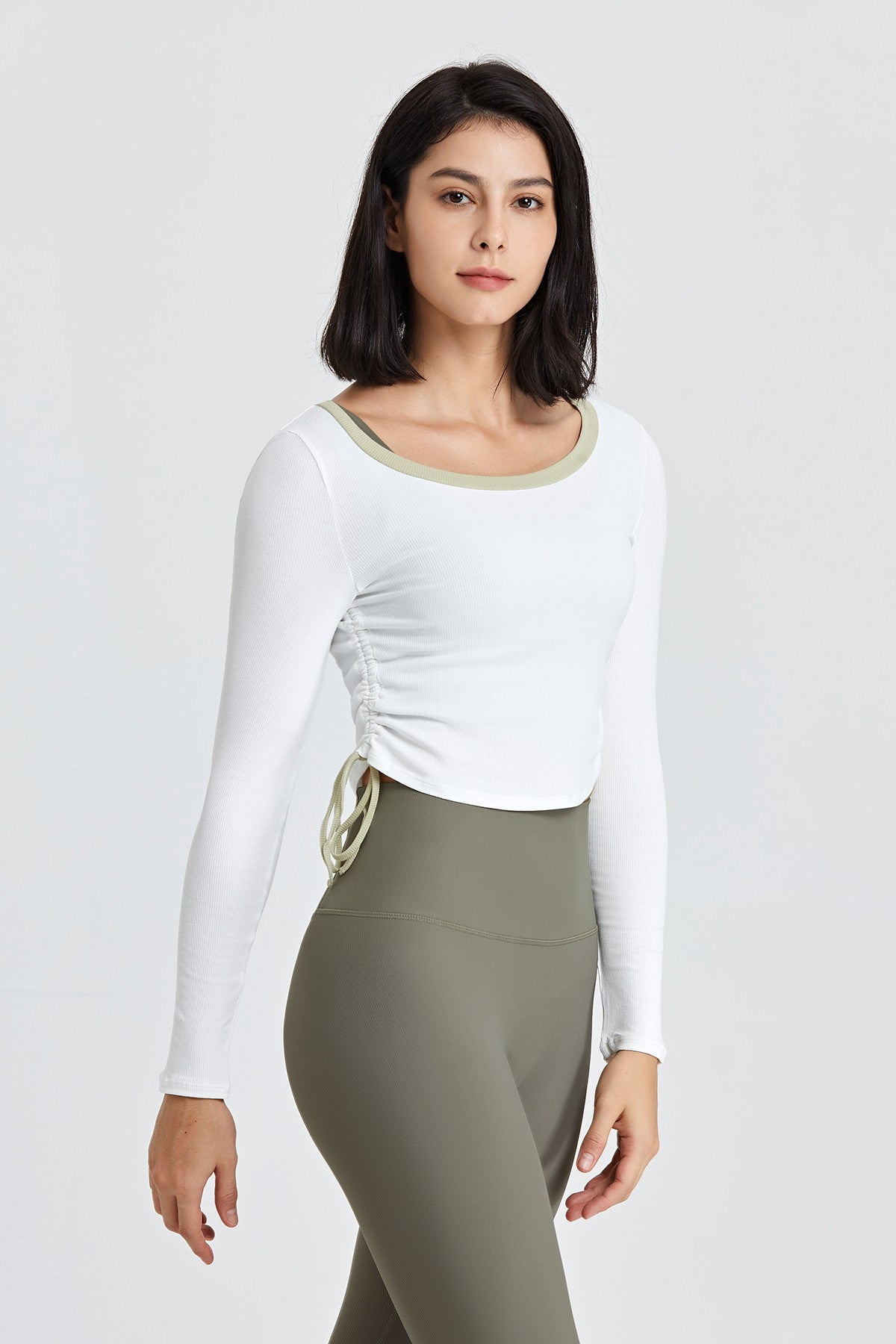 Ribbed Contrast Trim Yoga Crop Top with Drawstring by bornfocus