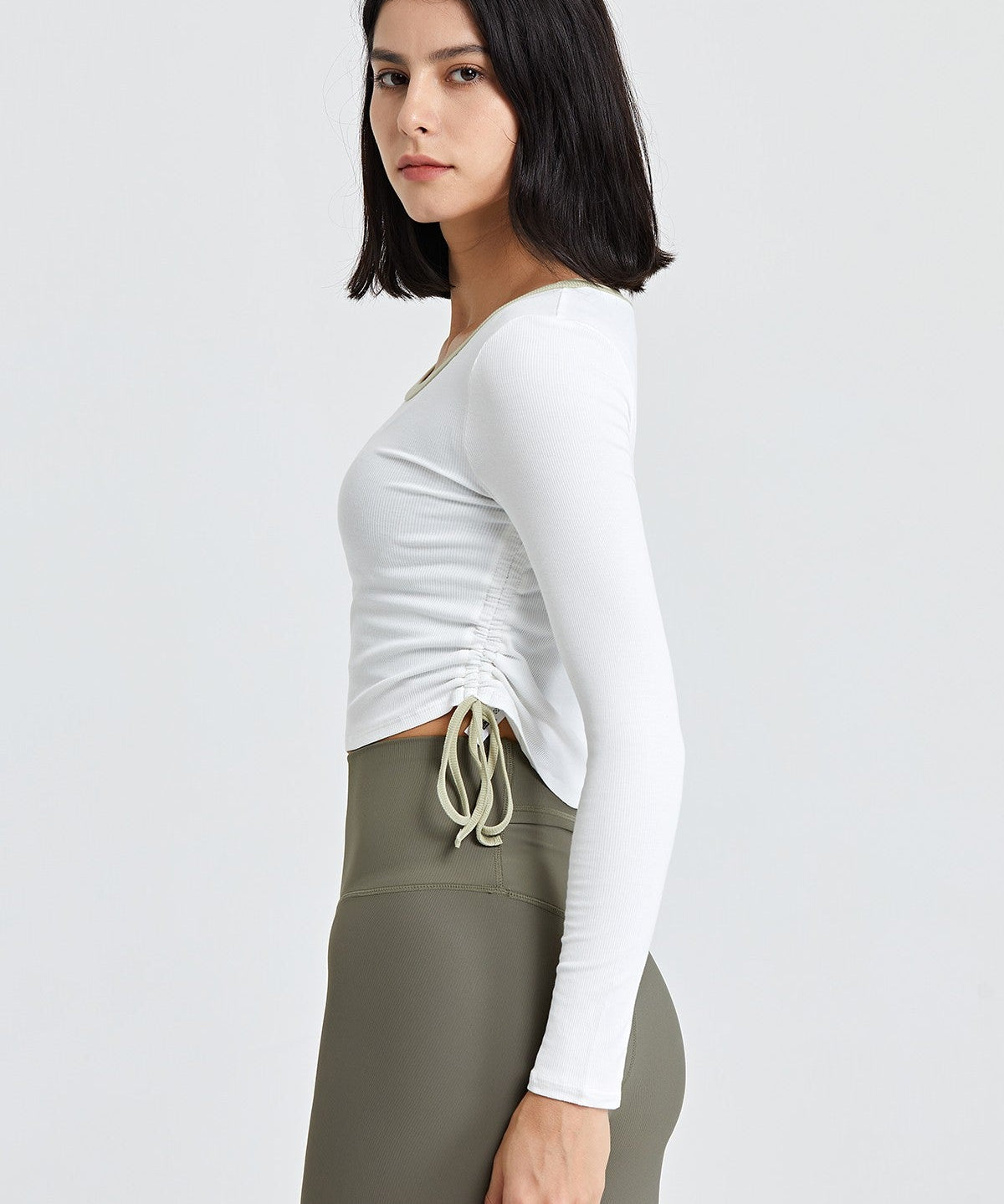 Ribbed Contrast Trim Yoga Crop Top with Drawstring by bornfocus