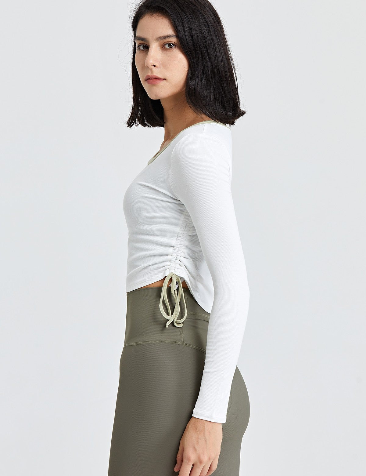 Ribbed Contrast Trim Yoga Crop Top with Drawstring by bornfocus