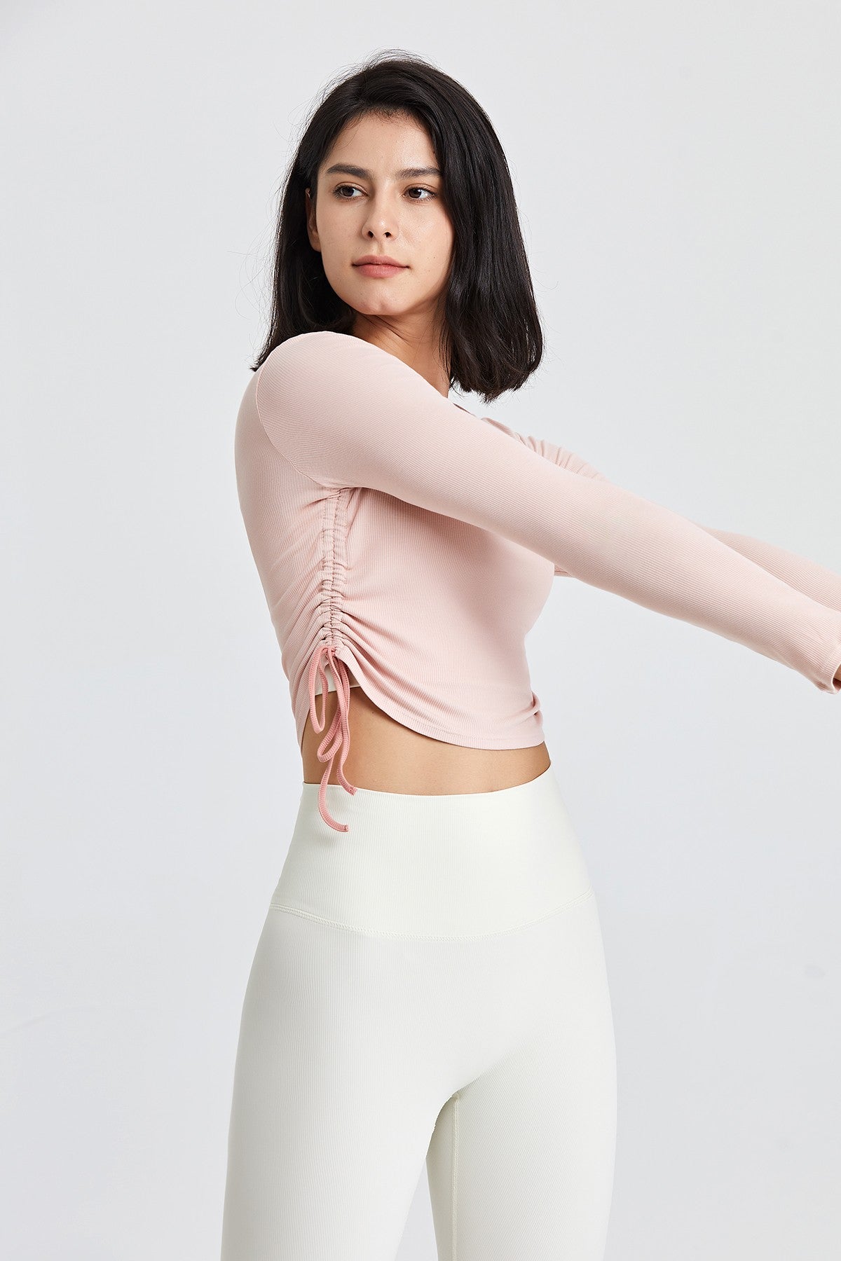 Ribbed Contrast Trim Yoga Crop Top with Drawstring by bornfocus