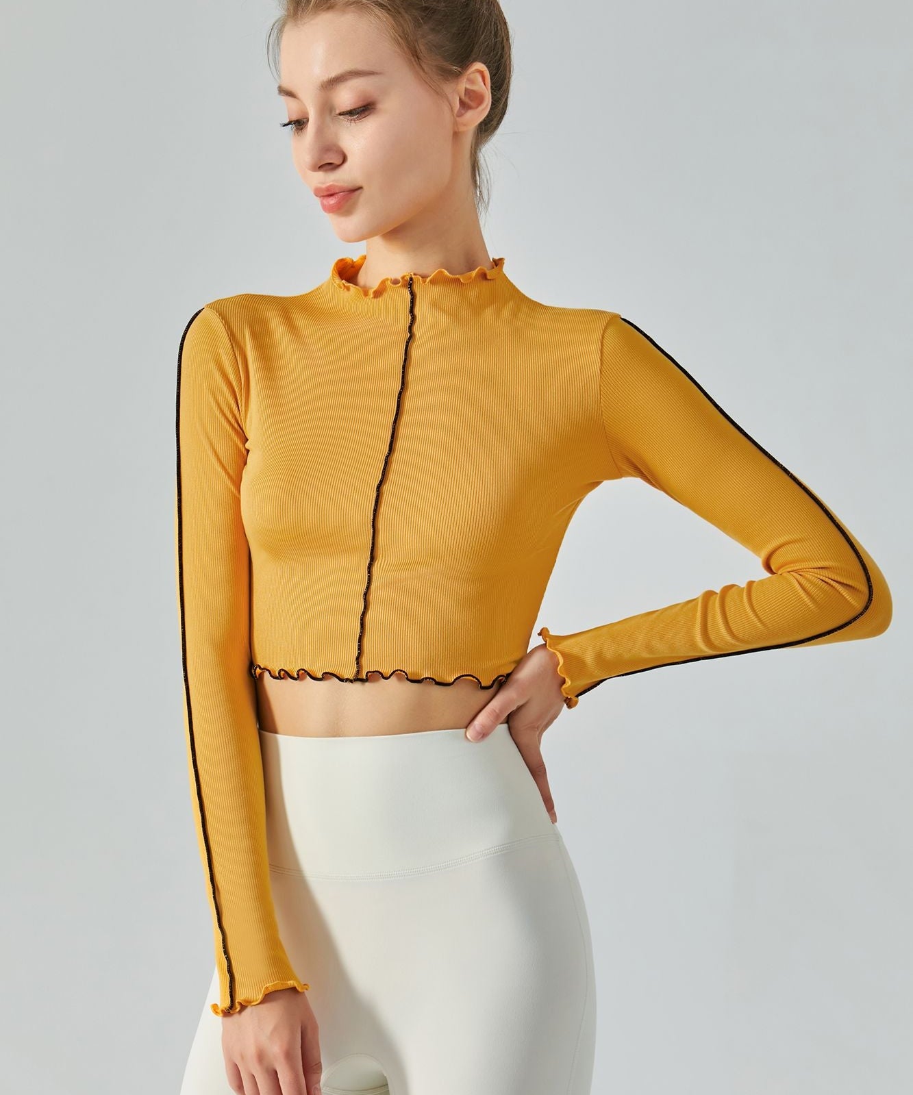 Ribbed Long Sleeve Contrast Lettuce Edge Crop Top by bornfocus