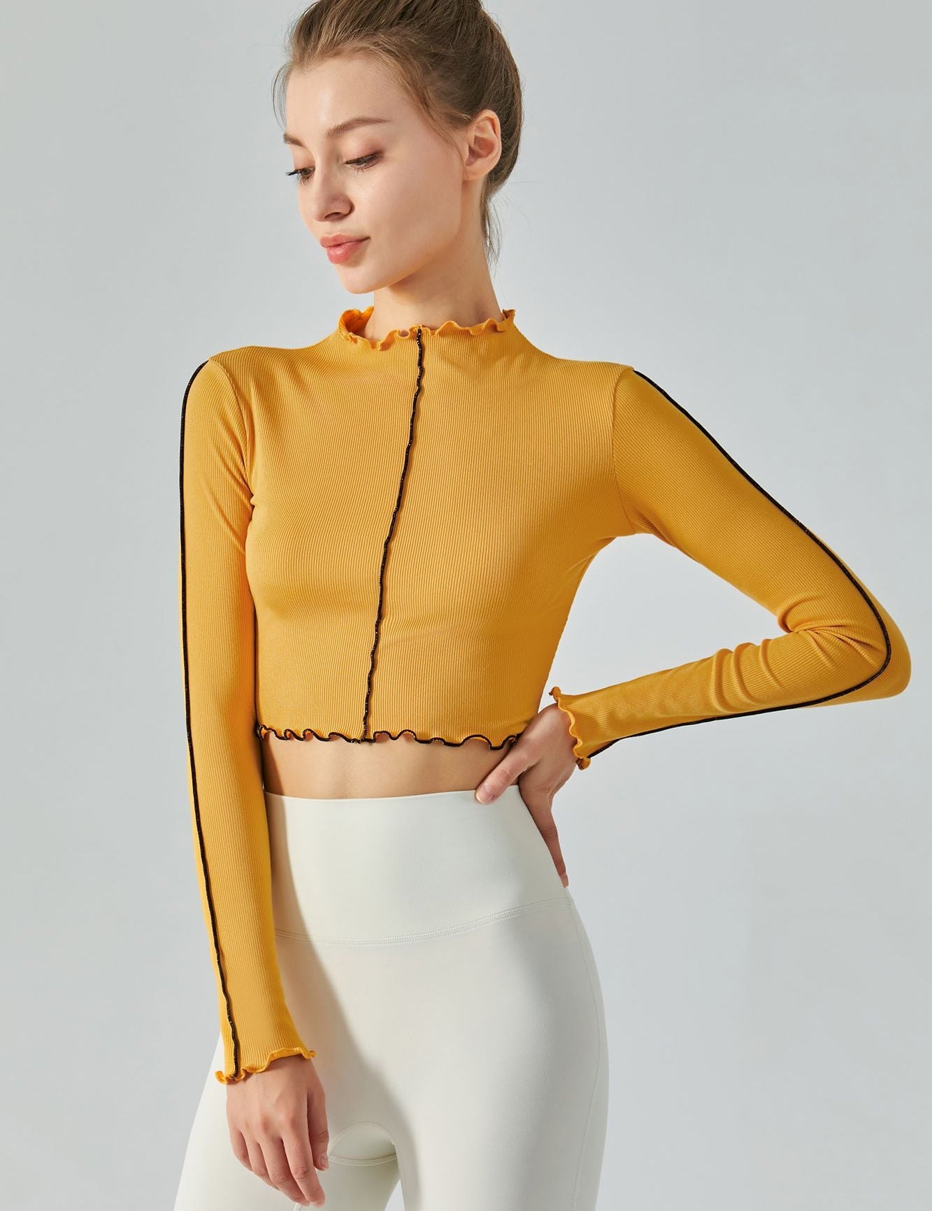 Ribbed Long Sleeve Contrast Lettuce Edge Crop Top by bornfocus