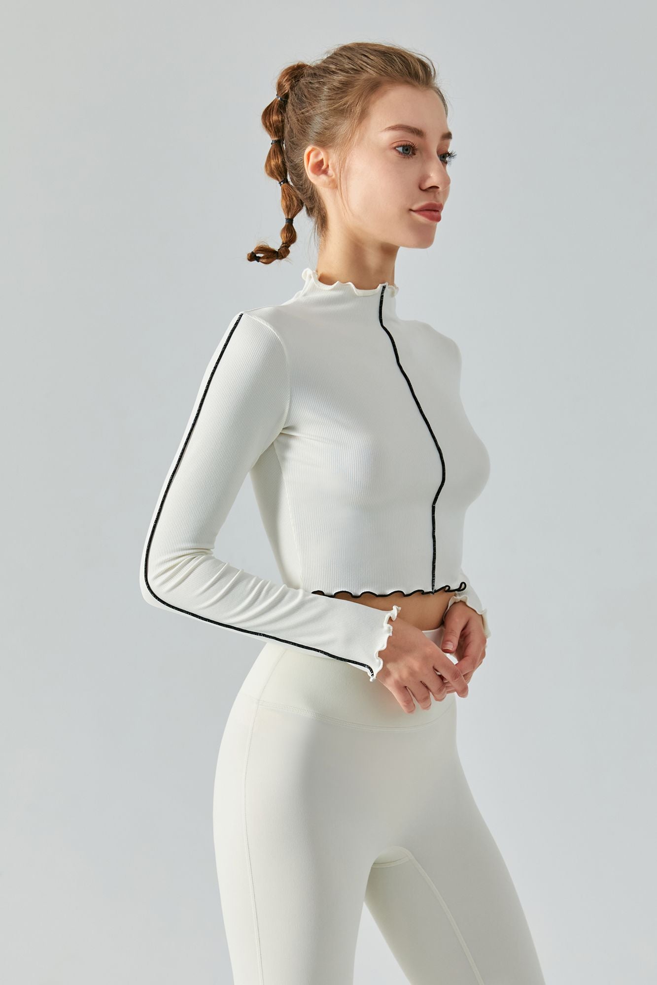 Ribbed Long Sleeve Contrast Lettuce Edge Crop Top by bornfocus