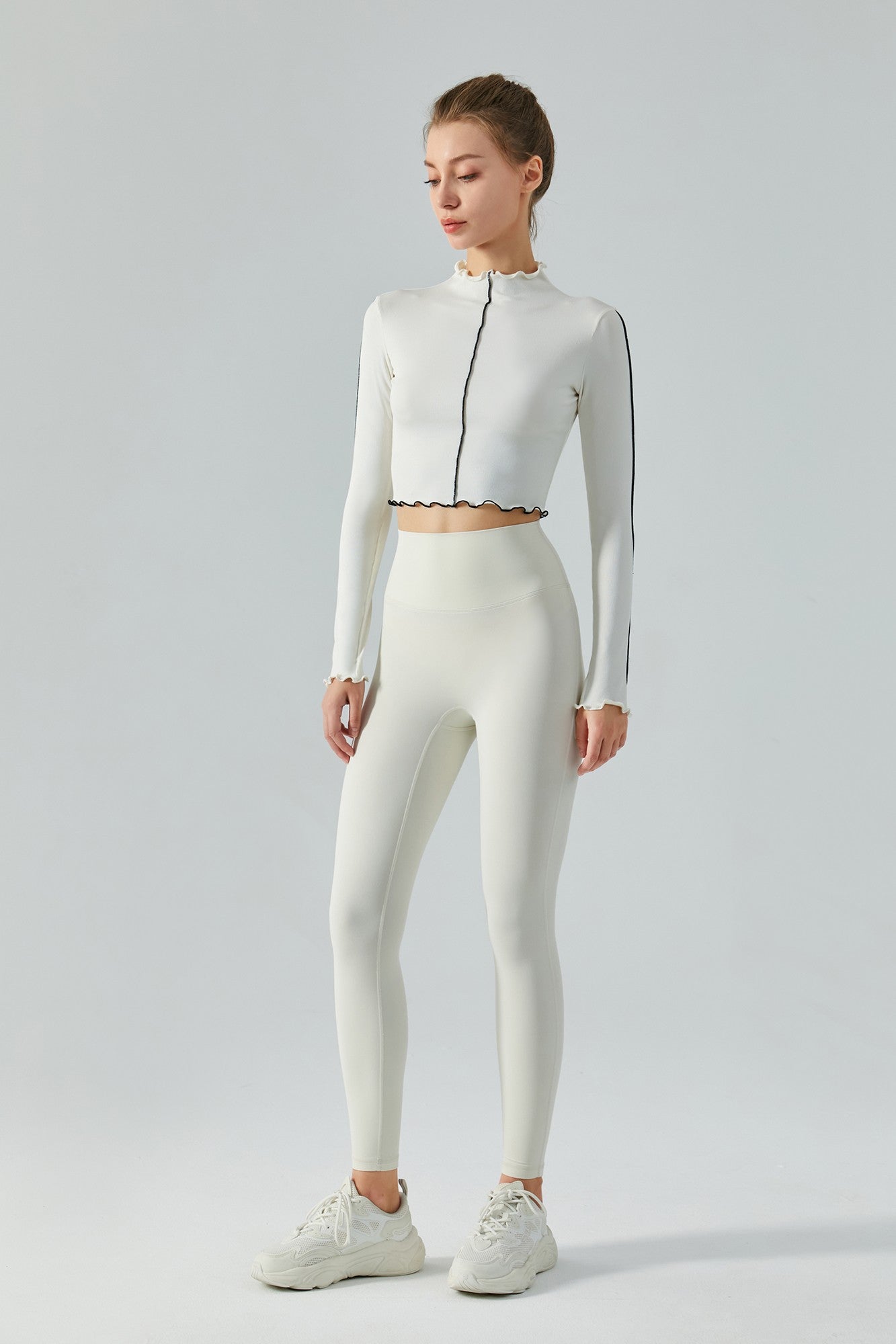 Ribbed Long Sleeve Contrast Lettuce Edge Crop Top by bornfocus