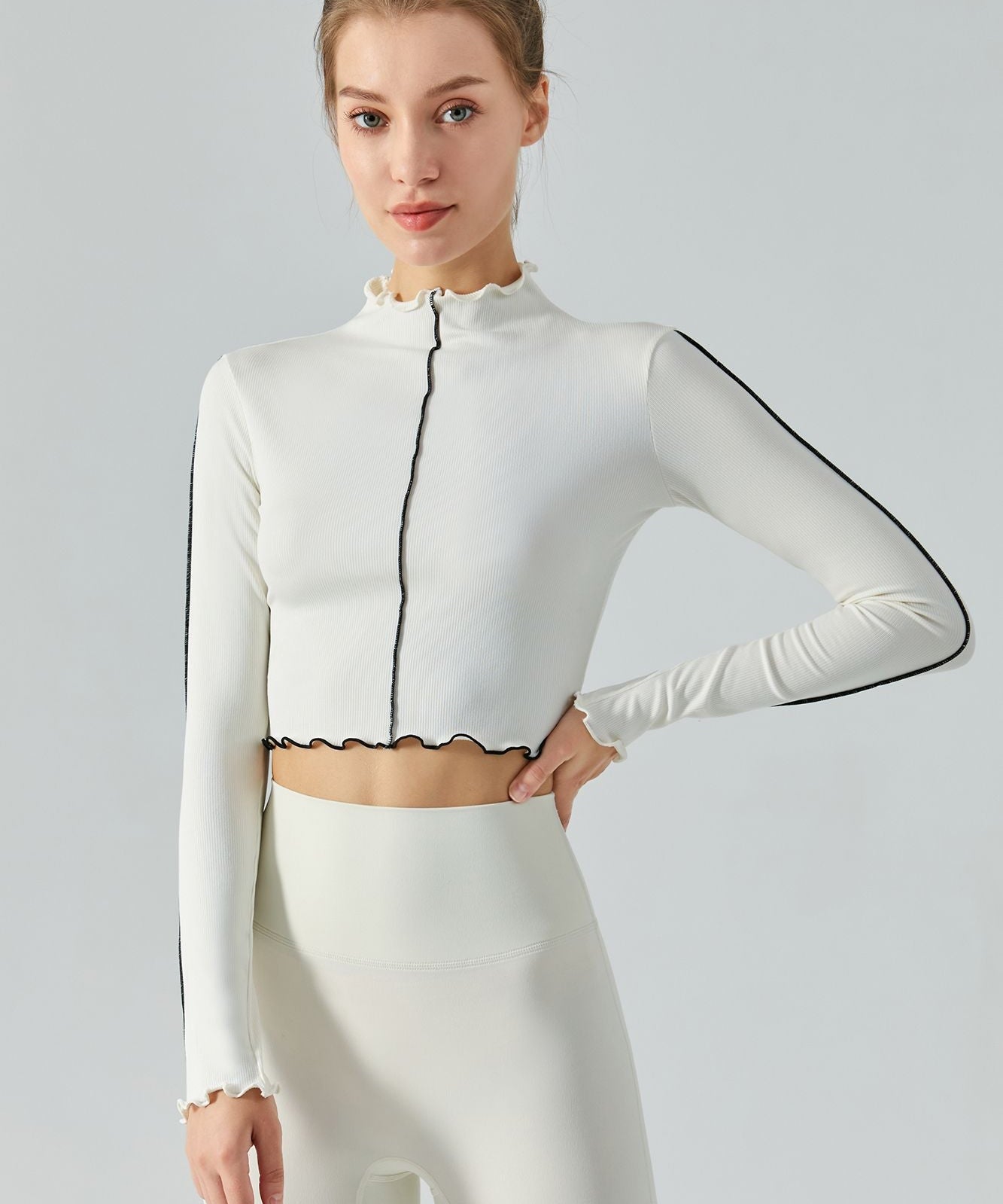 Ribbed Long Sleeve Contrast Lettuce Edge Crop Top by bornfocus