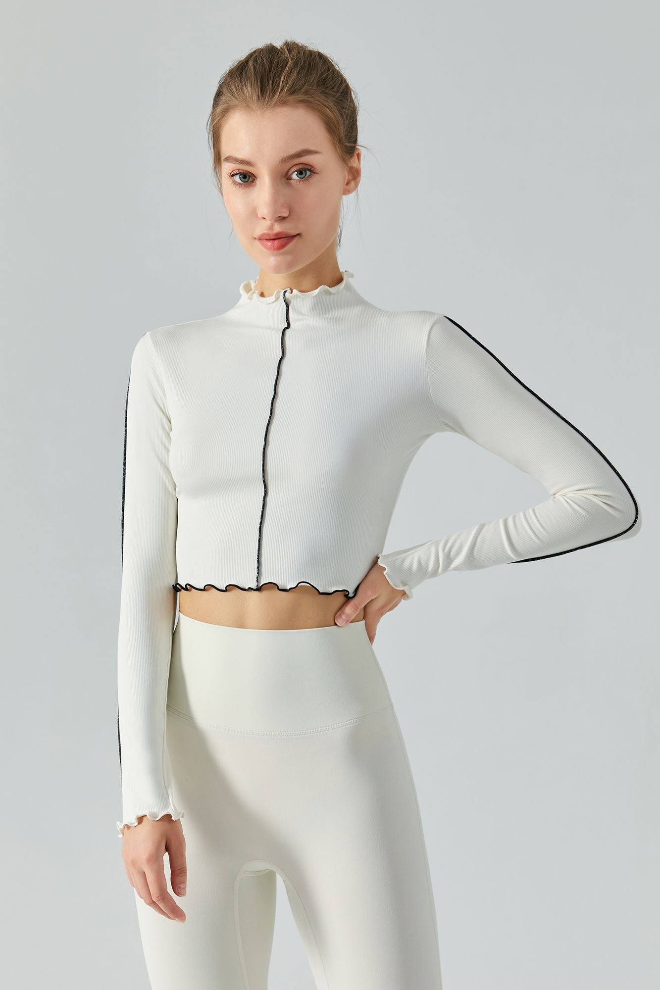 Ribbed Long Sleeve Contrast Lettuce Edge Crop Top by bornfocus