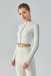 Ribbed Long Sleeve Contrast Lettuce Edge Crop Top by bornfocus