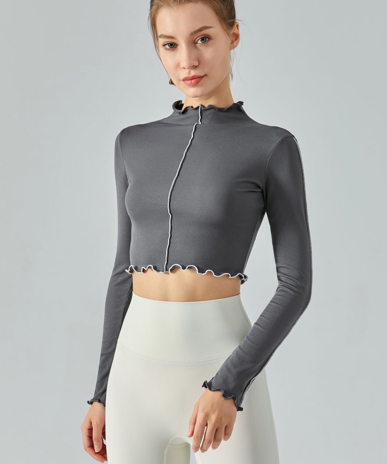 Ribbed Long Sleeve Contrast Lettuce Edge Crop Top by bornfocus