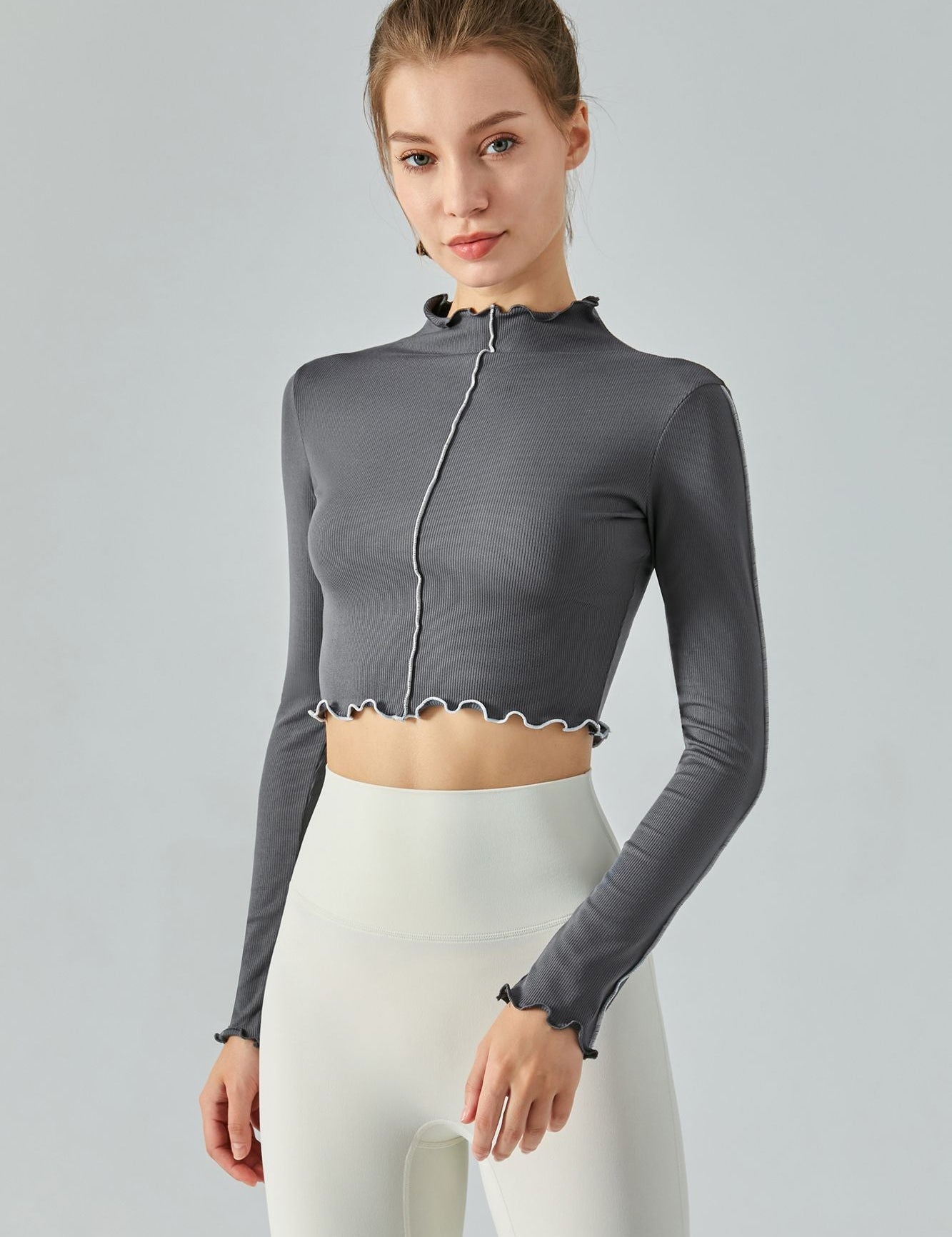 Ribbed Long Sleeve Contrast Lettuce Edge Crop Top by bornfocus