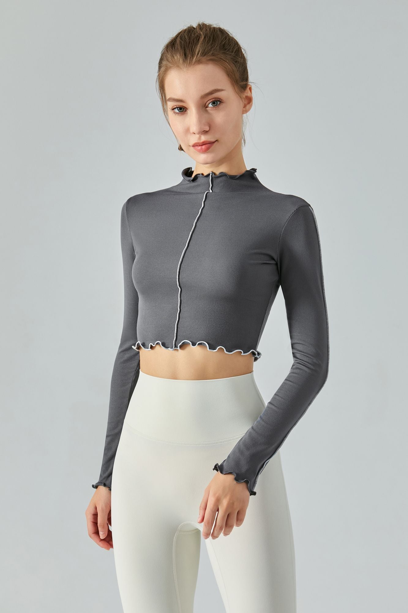 Ribbed Long Sleeve Contrast Lettuce Edge Crop Top by bornfocus