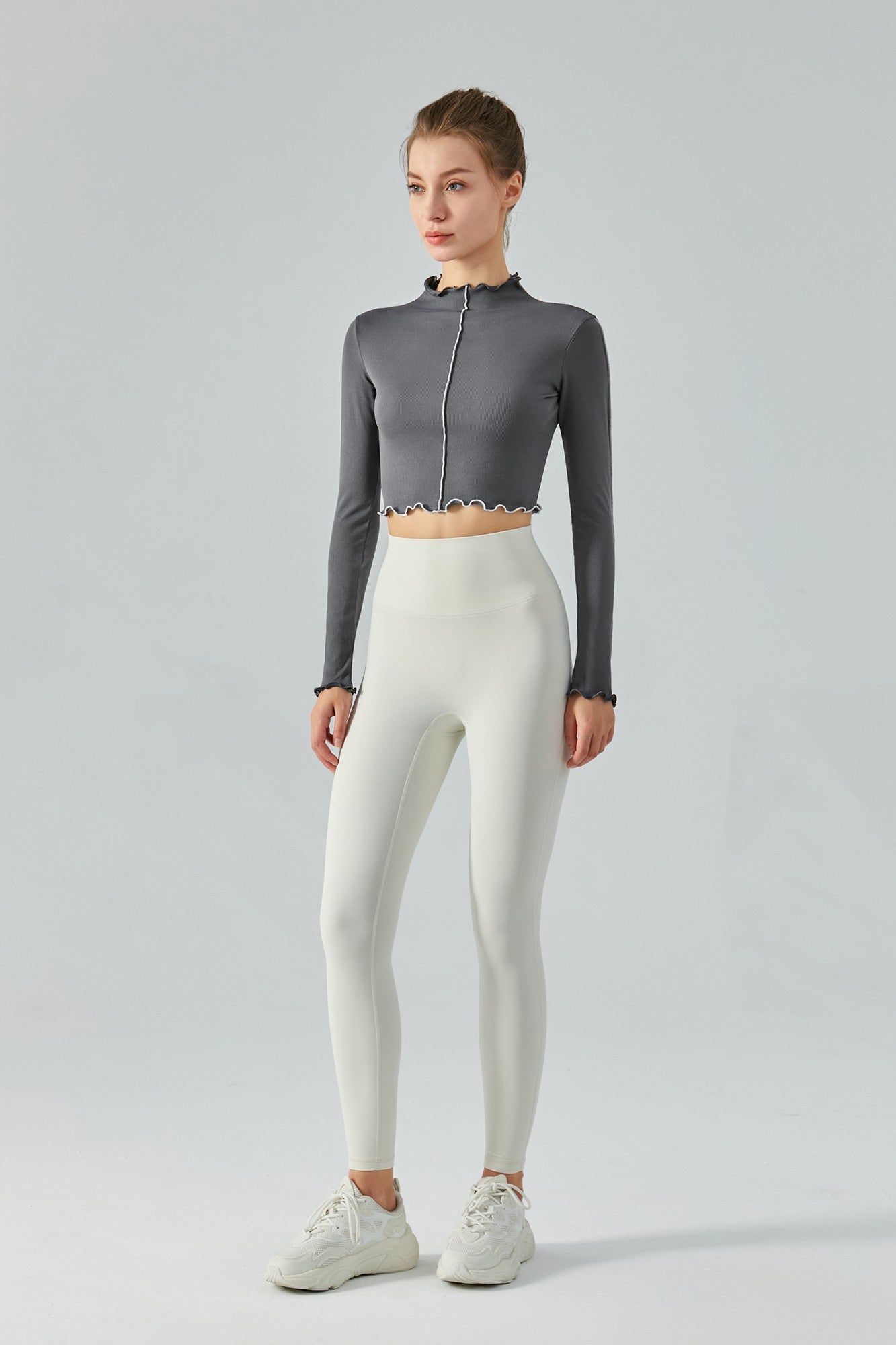 Ribbed Long Sleeve Contrast Lettuce Edge Crop Top by bornfocus