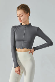 Ribbed Long Sleeve Contrast Lettuce Edge Crop Top by bornfocus