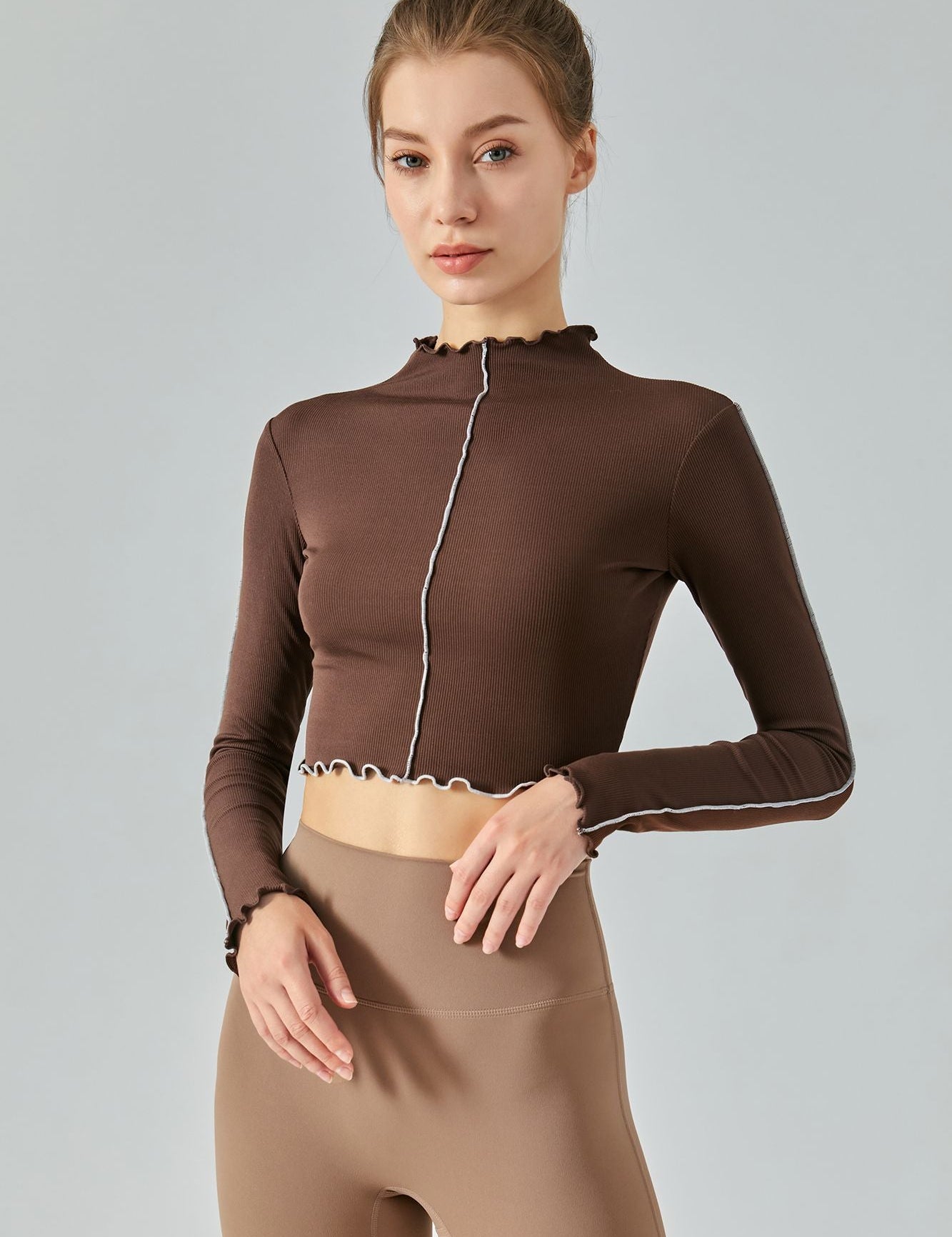 Ribbed Long Sleeve Contrast Lettuce Edge Crop Top by bornfocus