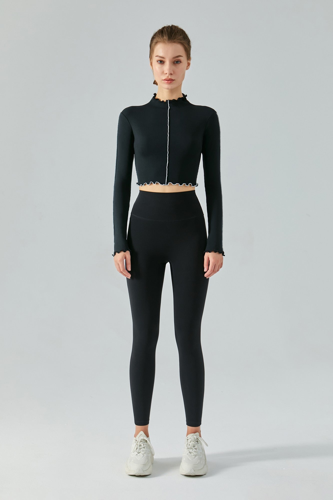 Ribbed Long Sleeve Contrast Lettuce Edge Crop Top by bornfocus