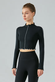 Ribbed Long Sleeve Contrast Lettuce Edge Crop Top by bornfocus