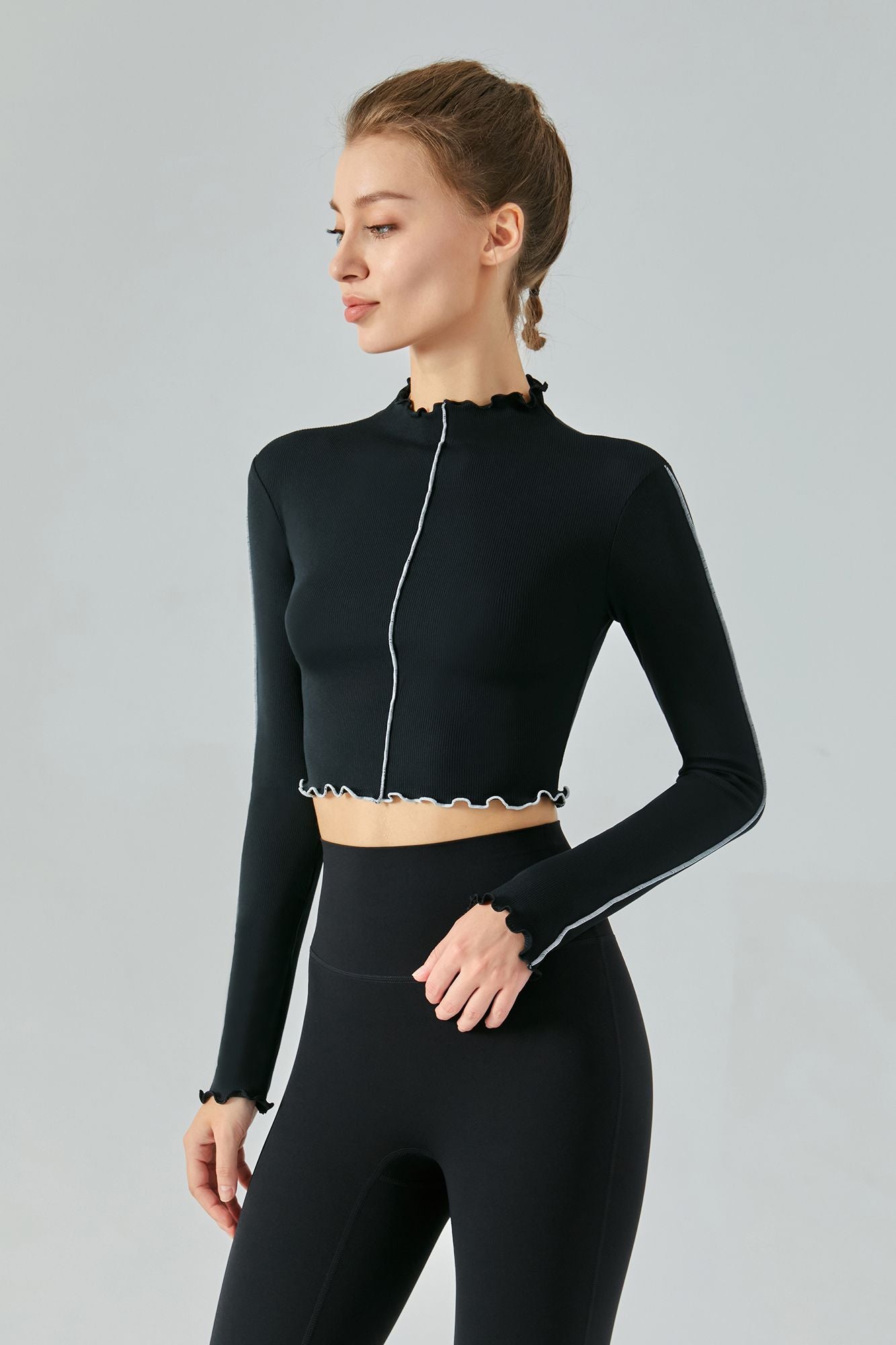 Ribbed Long Sleeve Contrast Lettuce Edge Crop Top by bornfocus