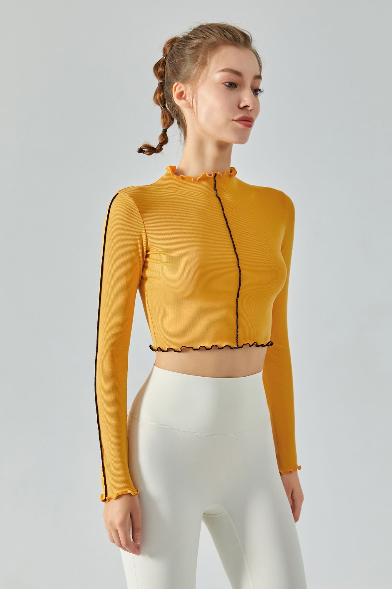 Ribbed Long Sleeve Contrast Lettuce Edge Crop Top by bornfocus