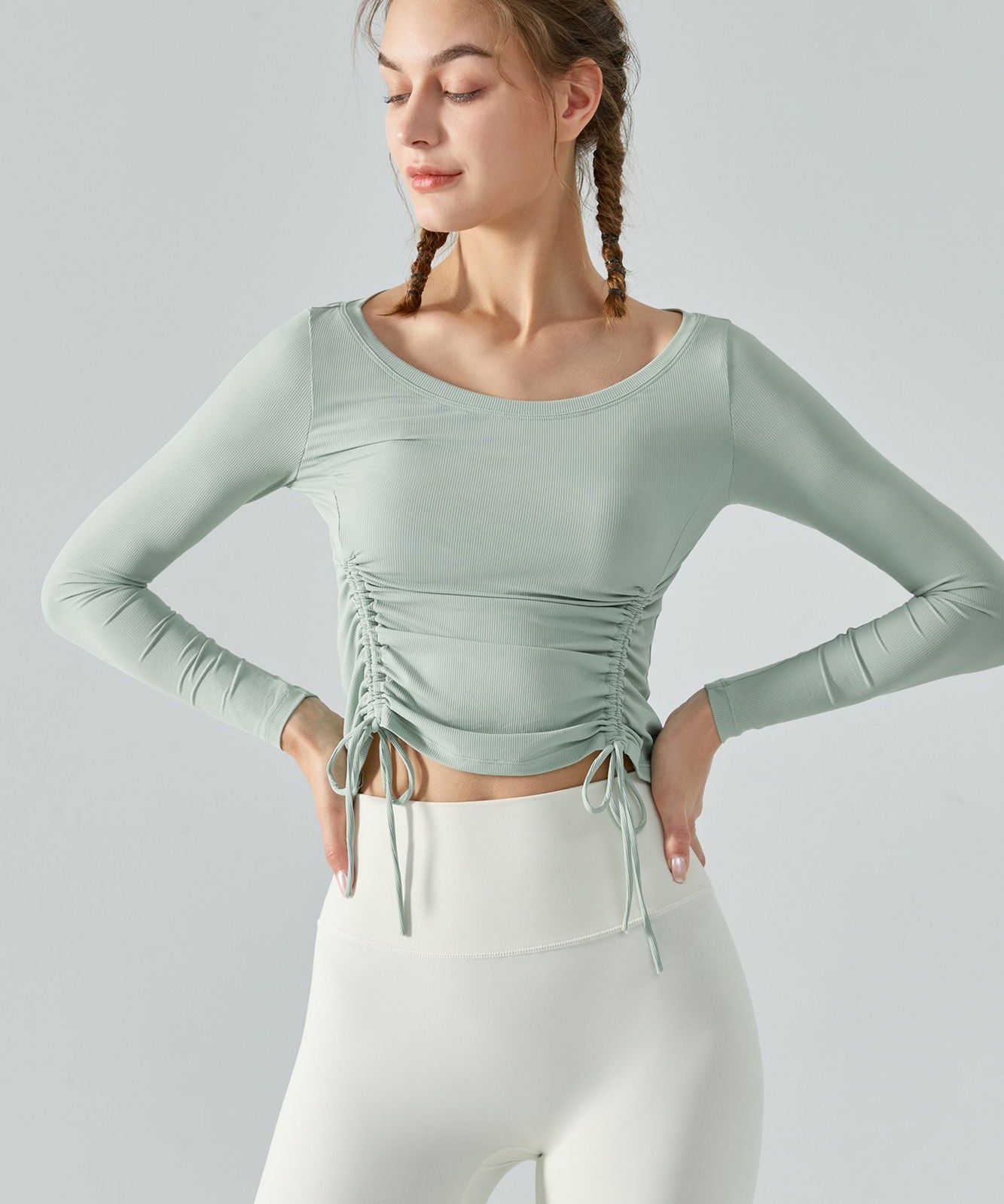 Ribbed Ruched Hem Crop Yoga Top with Drawstring by bornfocus