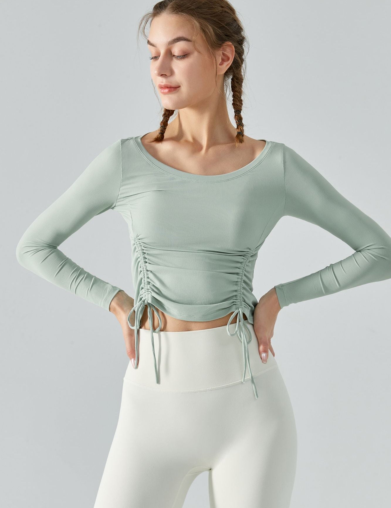 Ribbed Ruched Hem Crop Yoga Top with Drawstring by bornfocus