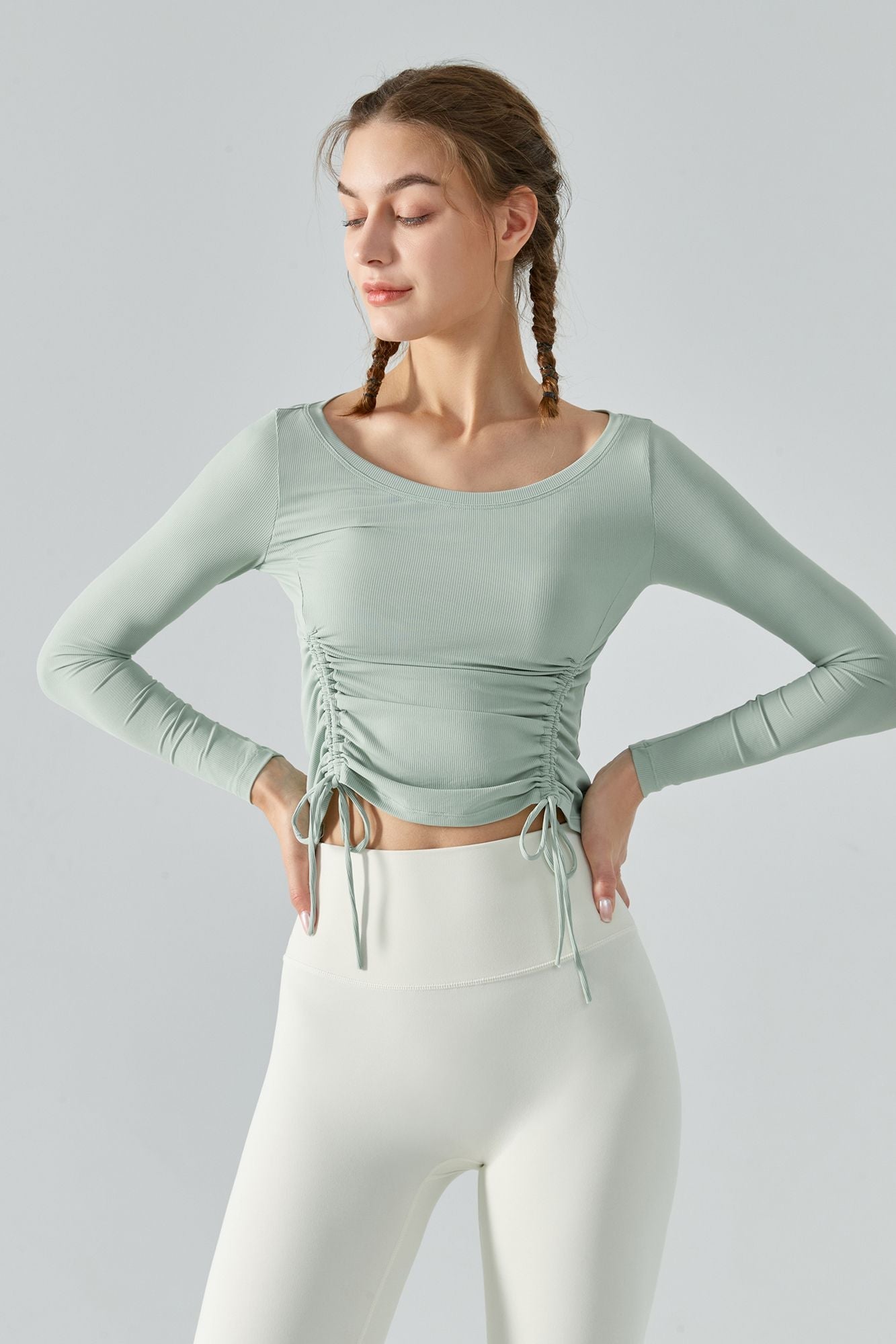 Ribbed Ruched Hem Crop Yoga Top with Drawstring by bornfocus