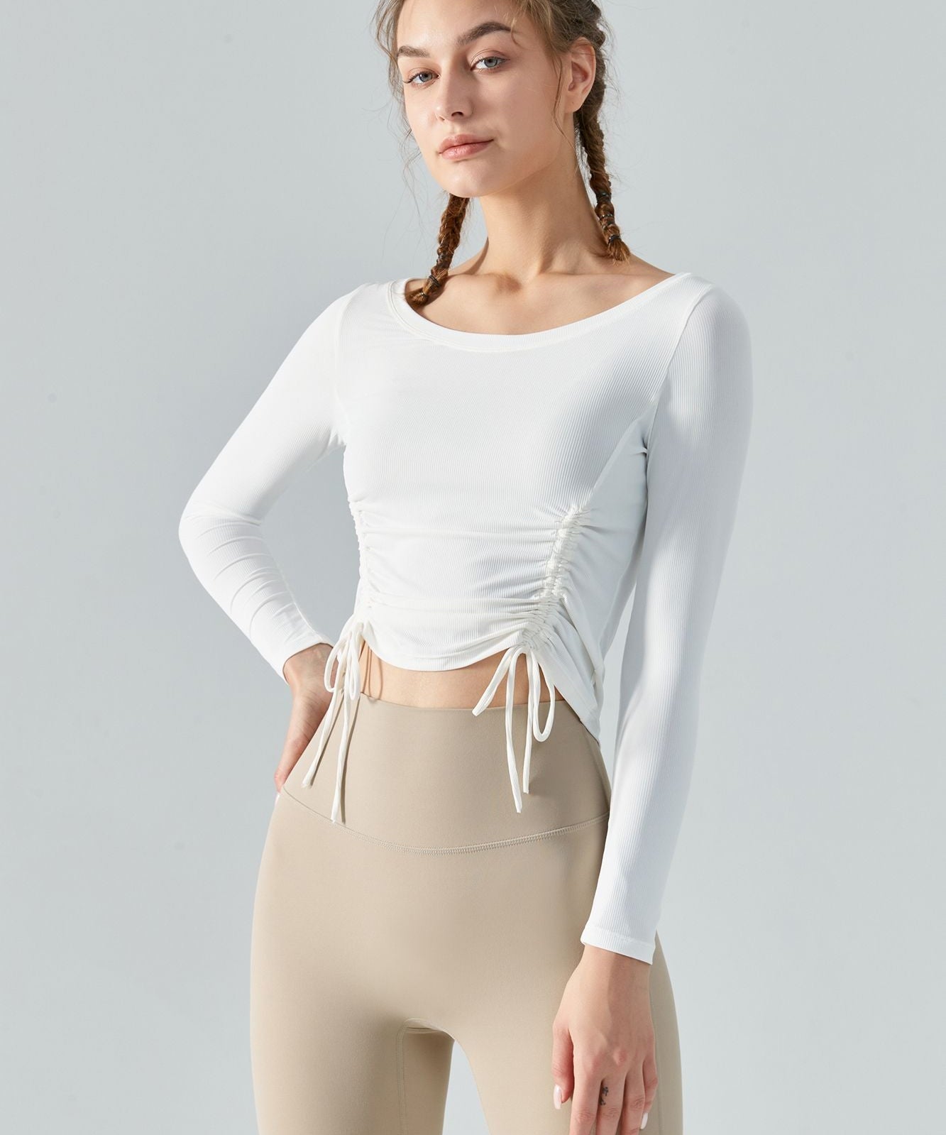 Ribbed Ruched Hem Crop Yoga Top with Drawstring by bornfocus