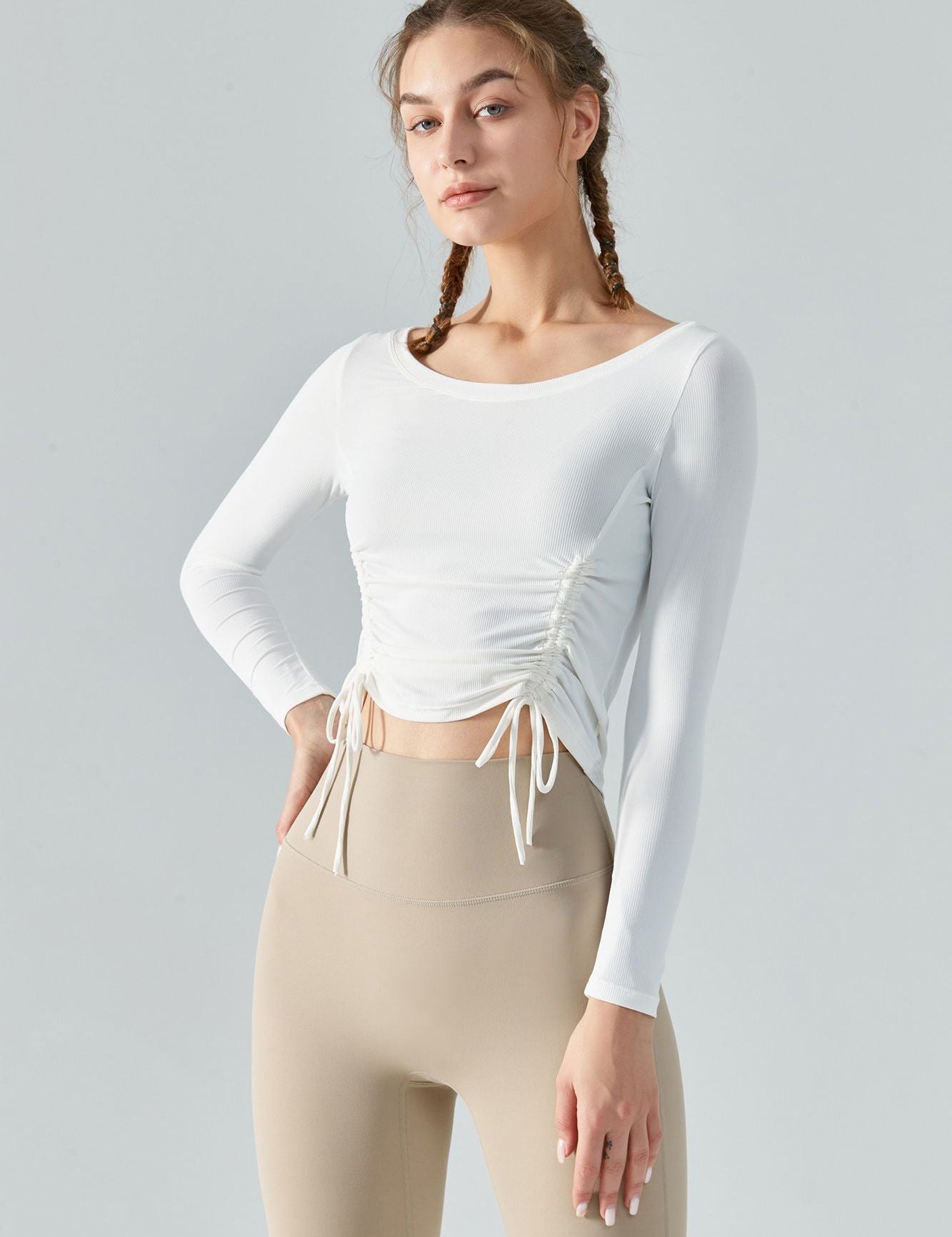 Ribbed Ruched Hem Crop Yoga Top with Drawstring by bornfocus