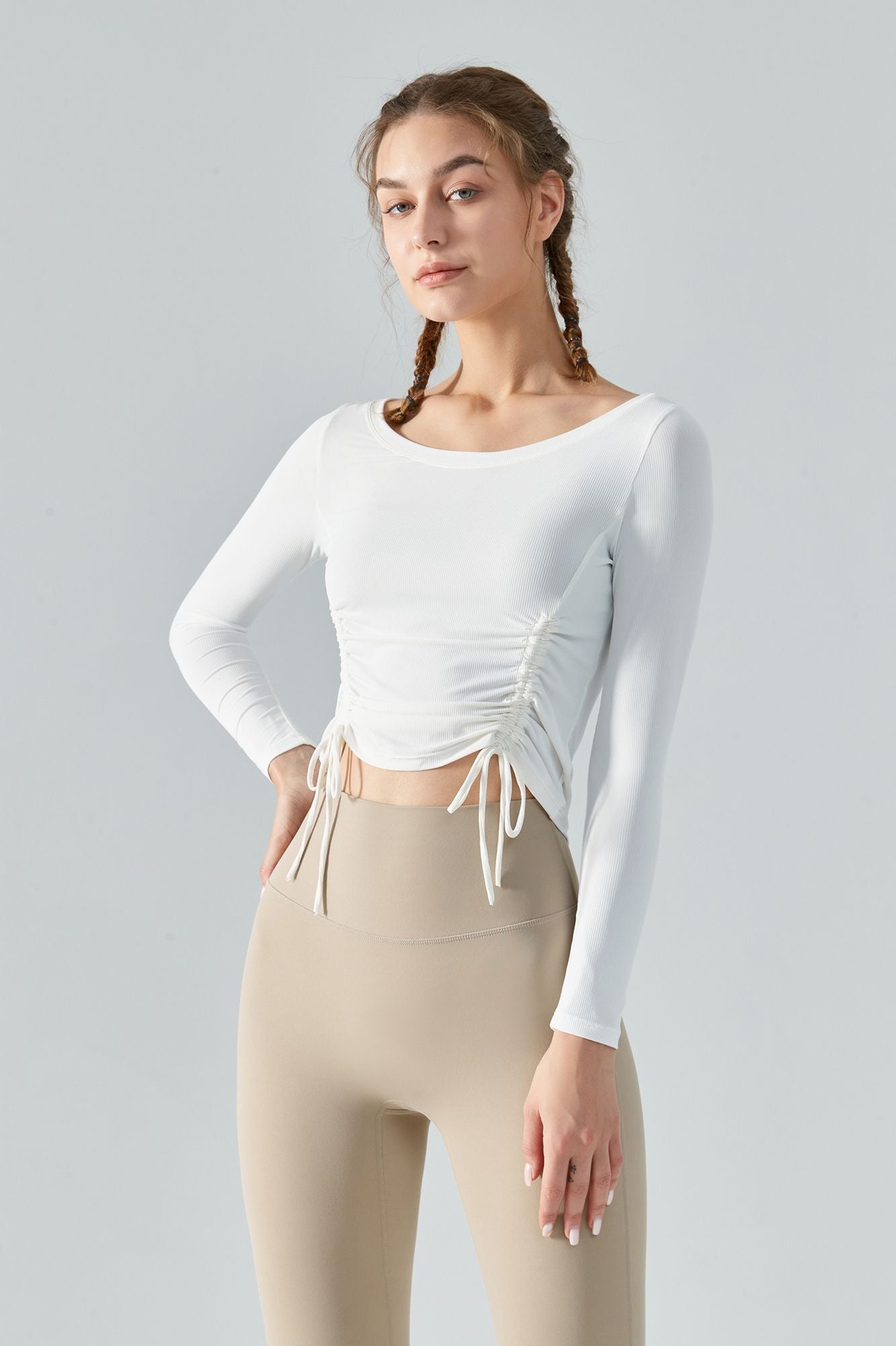 Ribbed Ruched Hem Crop Yoga Top with Drawstring by bornfocus