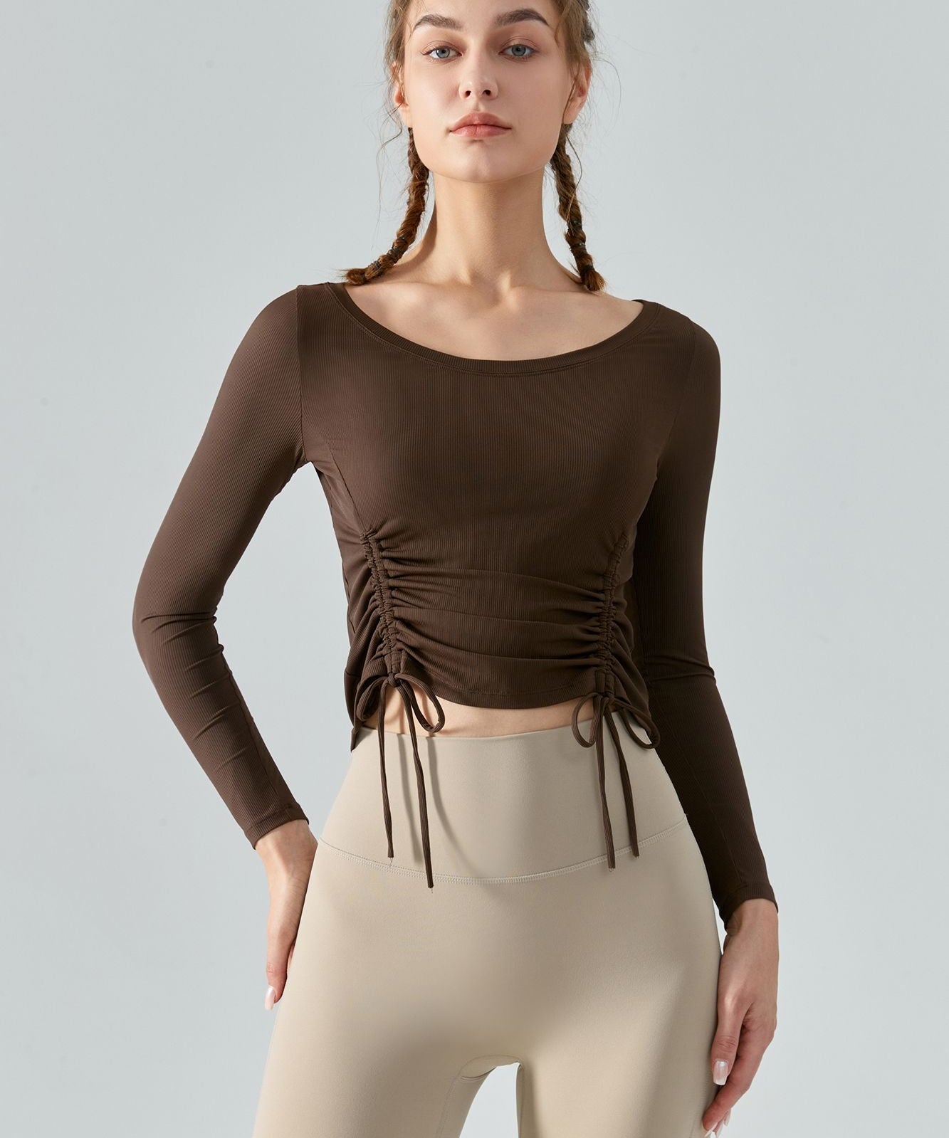 Ribbed Ruched Hem Crop Yoga Top with Drawstring by bornfocus