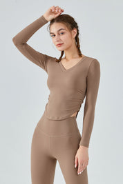 Side Ruched V-Neck Long Sleeve Top by bornfocus