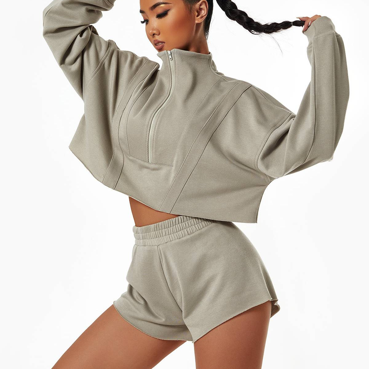 Half-Zip Cropped Sweatshirt Relaxed Fit by bornfocus
