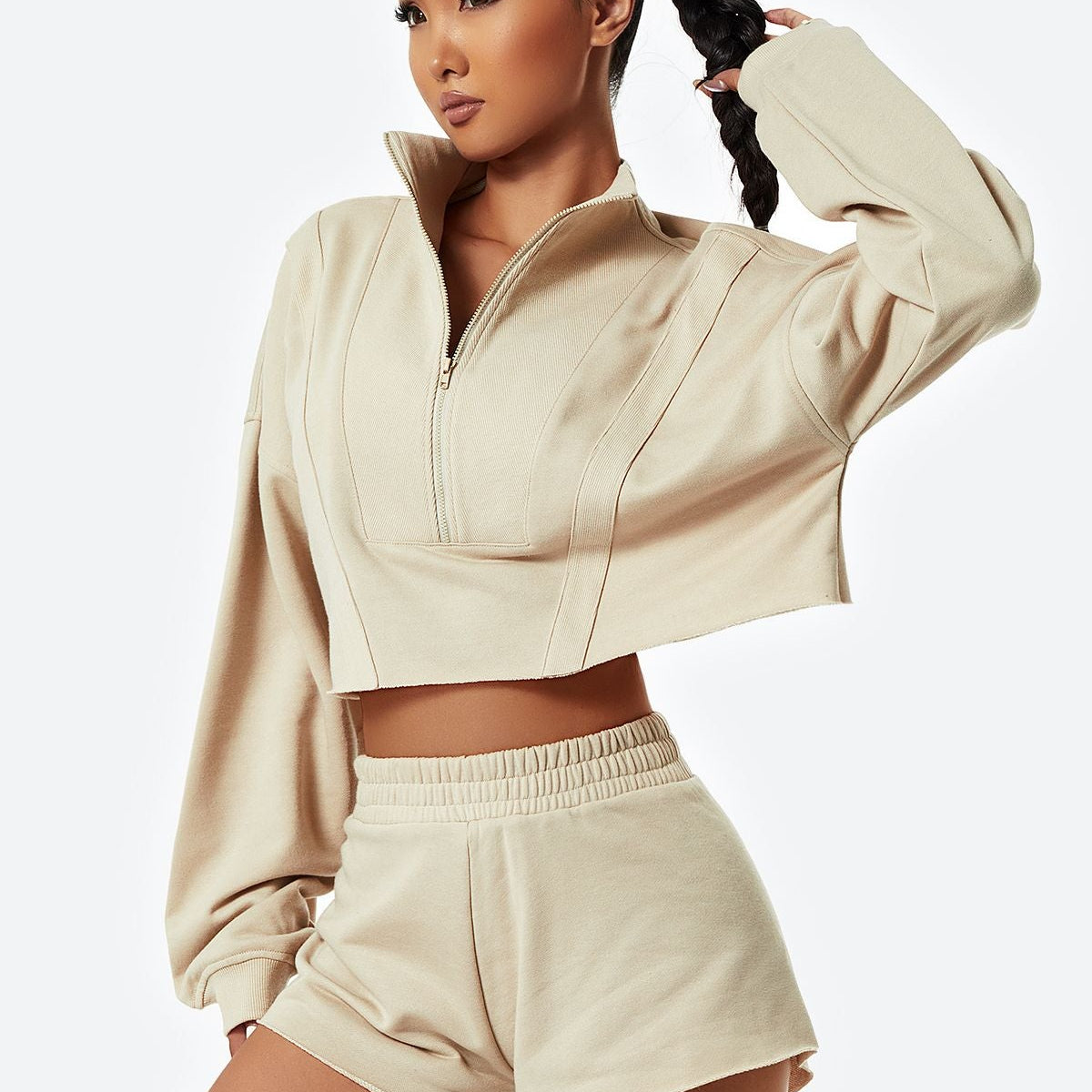 Half-Zip Cropped Sweatshirt Relaxed Fit by bornfocus