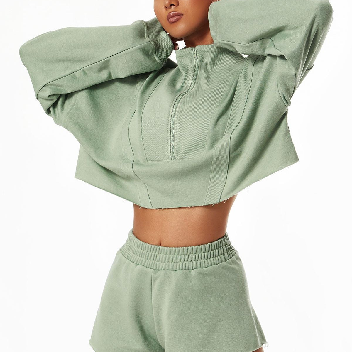 Half-Zip Cropped Sweatshirt Relaxed Fit by bornfocus