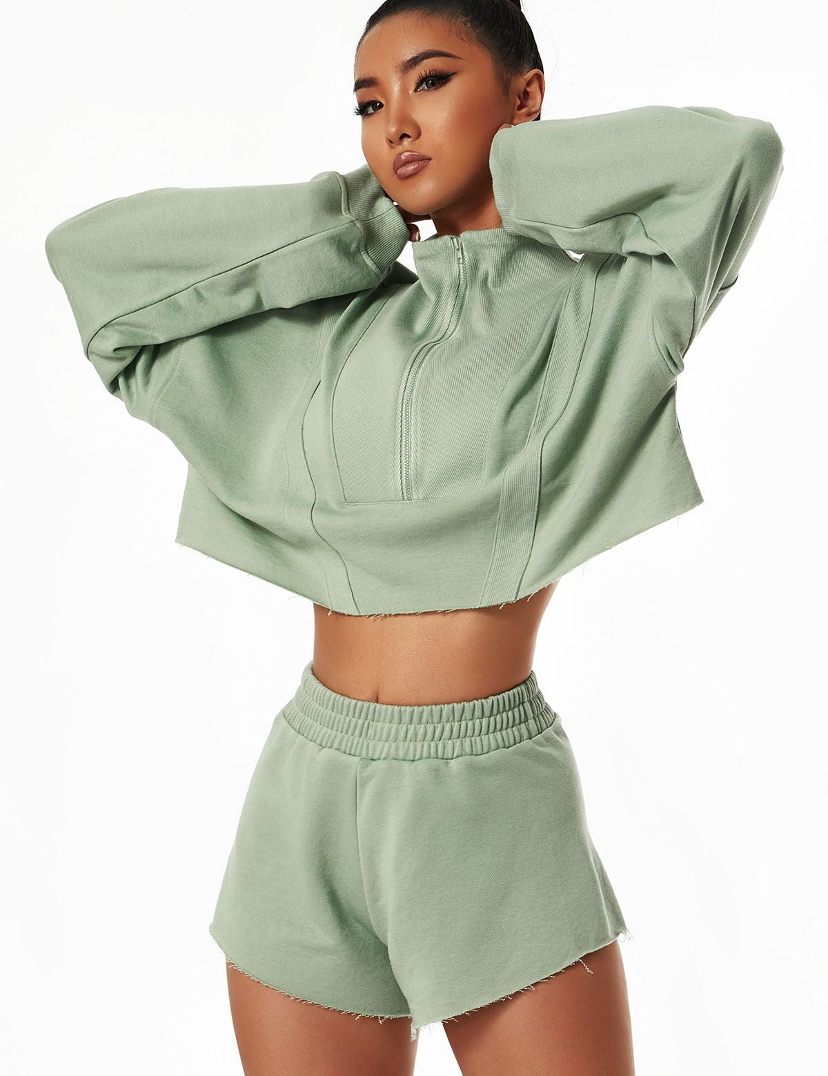 Half-Zip Cropped Sweatshirt Relaxed Fit by bornfocus