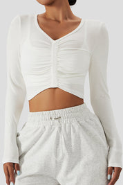 Ruched-Front Crop Long Sleeve Tops by bornfocus