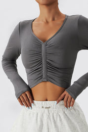 Ruched-Front Crop Long Sleeve Tops by bornfocus