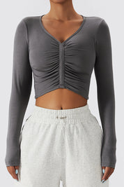 Ruched-Front Crop Long Sleeve Tops by bornfocus