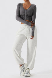 Ruched-Front Crop Long Sleeve Tops by bornfocus