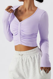 Ruched-Front Crop Long Sleeve Tops by bornfocus