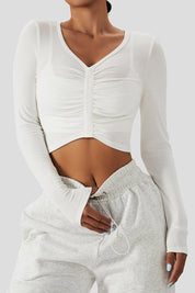 Ruched-Front Crop Long Sleeve Tops by bornfocus